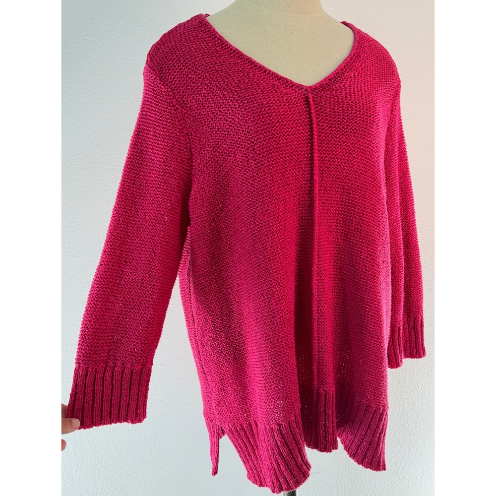 Chico's Hot Pink Stretch Knit V-Neck Tunic Sweater Ribbed Trim Casual Coquette L